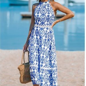 Blue and White Halter Maxi Dress